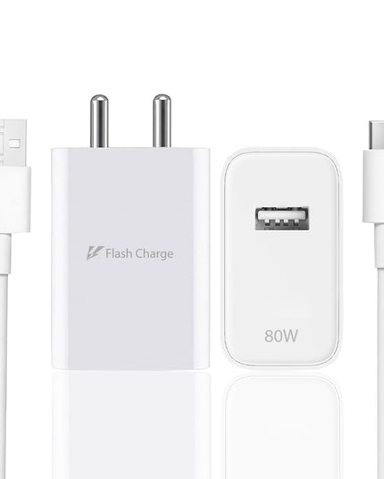 Vivo 80W Flash Charger 3.0 USB-A Power Adapter Compatible with Vivo V27 Pro, V29, X90, X80 Pro, Y Series, T Series & All iQOO Smartphones