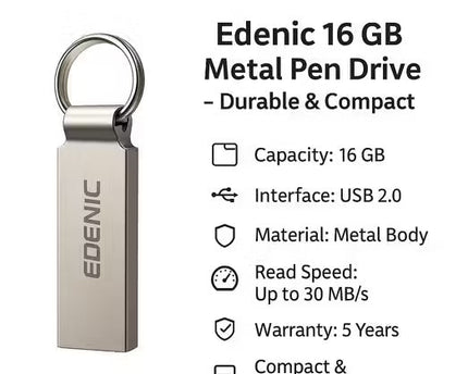 Edenic 16 GB USB 2.0 Metal Pen Drive – Compact & Durable Flash Drive