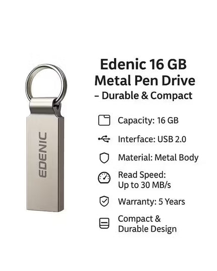 Edenic 16 GB USB 2.0 Metal Pen Drive – Compact & Durable Flash Drive
