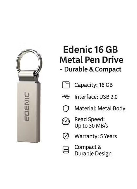 Edenic 16 GB USB 2.0 Metal Pen Drive – Compact & Durable Flash Drive
