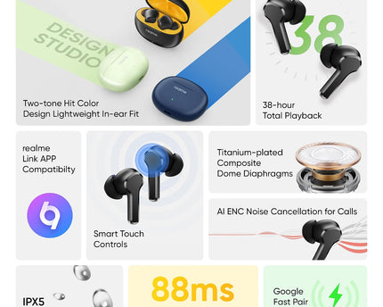 Realme Buds T110 Bluetooth Truly Wireless in Ear Earbuds with mic, AI ENC for Calls, Google Fast Pair, 38 Hours Total Playback with Fast Charging and Low Latency Gaming Mode (Punk Black)
