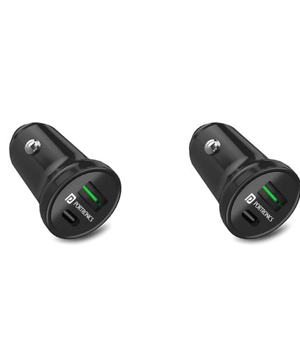 Portronics CarPower Mini Car Charger with Dual Output, Fast Charging (Type C PD 18W + Mach USB-A) Compatible with All Smartphones(Black) (Pack of 2)