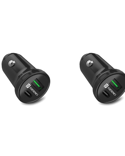 Portronics CarPower Mini Car Charger with Dual Output, Fast Charging (Type C PD 18W + Mach USB-A) Compatible with All Smartphones(Black) (Pack of 2)
