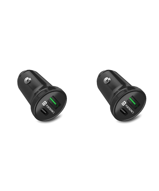 Portronics CarPower Mini Car Charger with Dual Output, Fast Charging (Type C PD 18W + Mach USB-A) Compatible with All Smartphones(Black) (Pack of 2)