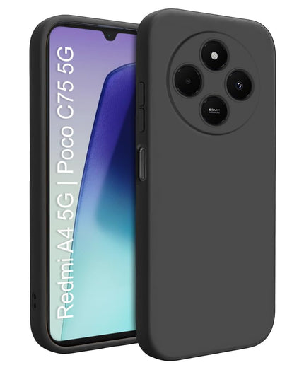 Redmi A4 5G | Poco C75 5G Soft Silicone Back Case| Shock Proof Design & Camera Protection | Premium Rubberised Cover (Microfiber Lining) for Redmi A4 5G | Poco C75 5G | Matte Silicone - Black