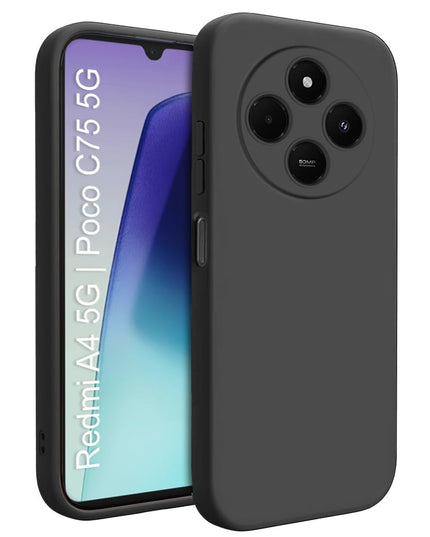 Redmi A4 5G | Poco C75 5G Soft Silicone Back Case| Shock Proof Design & Camera Protection | Premium Rubberised Cover (Microfiber Lining) for Redmi A4 5G | Poco C75 5G | Matte Silicone - Black