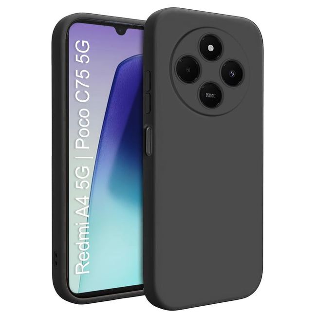 Redmi A4 5G | Poco C75 5G Soft Silicone Back Case| Shock Proof Design & Camera Protection | Premium Rubberised Cover (Microfiber Lining) for Redmi A4 5G | Poco C75 5G | Matte Silicone - Black