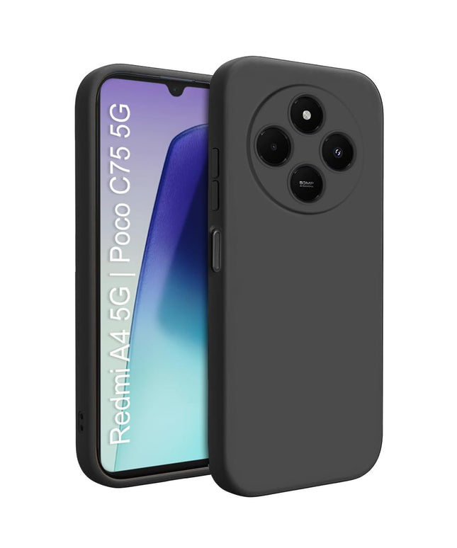 Redmi A4 5G | Poco C75 5G Soft Silicone Back Case| Shock Proof Design & Camera Protection | Premium Rubberised Cover (Microfiber Lining) for Redmi A4 5G | Poco C75 5G | Matte Silicone - Black