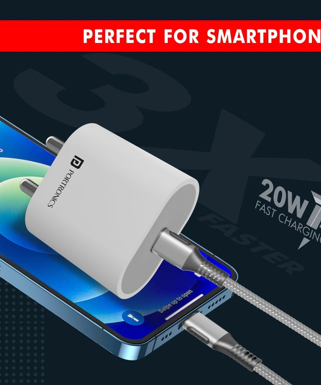 Portronics Adaptor 20 Type C 20w Charger for Android,iPhone with PD 3.0 (White)