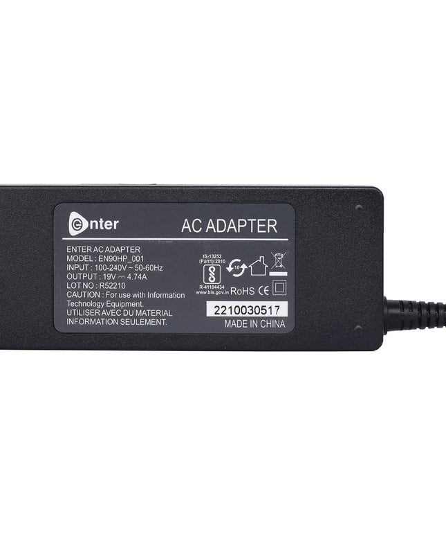 Enter Bis Certified 90W, 19.5V/4.62A, 3 Pin High-Efficiency Ac Laptop Charger/Adapter for Dell Laptops (Without Power Cord),Black