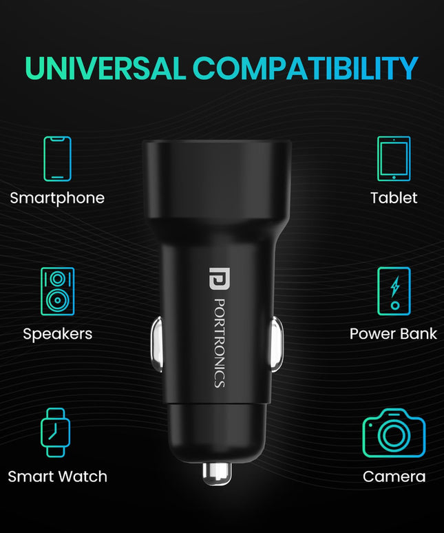 Portronics 80W Dual Output Fast Car Charger with Type-C PD & USB, LED Indicator, Charging Adapter Compatible with Cars for iPhone & Android Smartphone, Smartwatch, Earbud, Power Bank (Black)