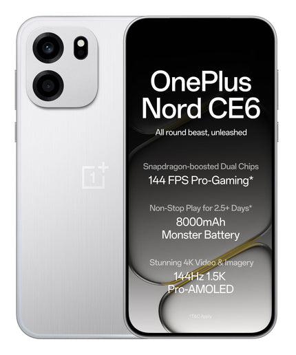 OnePlus Nord CE6 | 8GB+128GB | Lunar Pearl | Snapdragon 7s Gen 4 | Segment's Fastest Touch Response | 8000mAh Battery | 144Hz 1.5K AMOLED Display | 50MP Main + 32MP Selfie 4K Cameras | IP66,68,69,69K