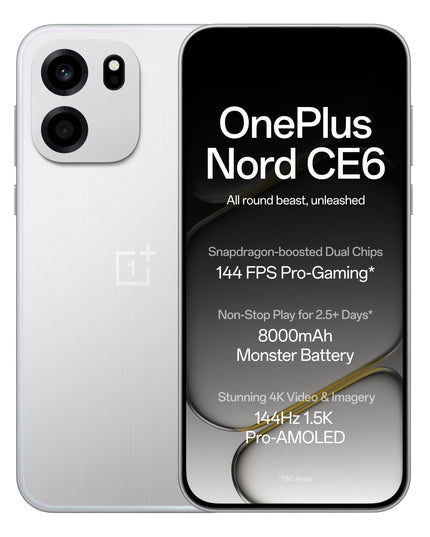OnePlus Nord CE6 | 8GB+128GB | Lunar Pearl | Snapdragon 7s Gen 4 | Segment's Fastest Touch Response | 8000mAh Battery | 144Hz 1.5K AMOLED Display | 50MP Main + 32MP Selfie 4K Cameras | IP66,68,69,69K