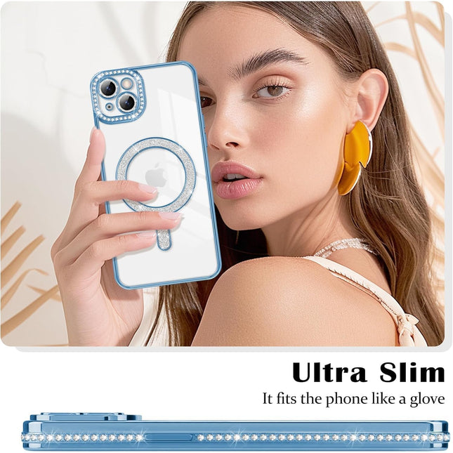 Case Compatible with iPhone Cute Soft Clear Rhinestone Diamond Glitter Cover Women & Girls Compatible with MagSaf Camera Lens Protection
