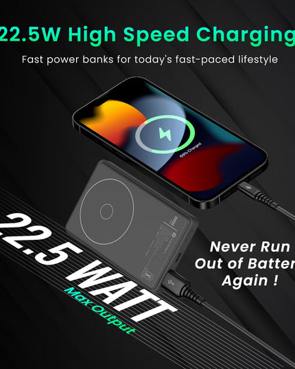 Portronics Luxcell Wireless Mini 10k 10000mAh 15W Magnetic Wireless Fast Charging Nano Power Bank with 22.5 Wired Output Compatible with iPhone 12 & Above & Other QI Enabled Devices(Black)