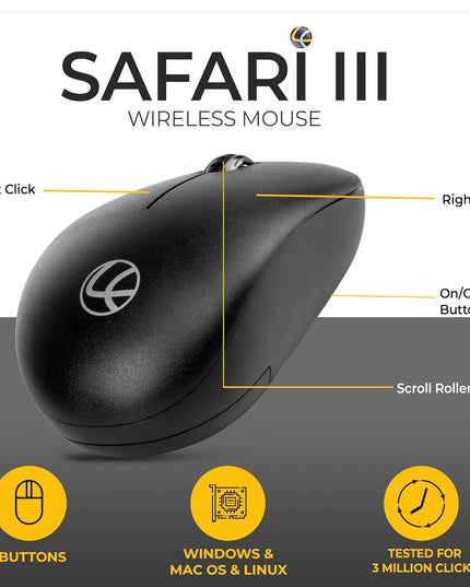LAPCARE Safari III B Wireless Mouse-2.4GHz High Precision with Upto 1600 DPI, Nano Receiver and Plug & Play Usage -USB/Black-with 3 Year Warranty