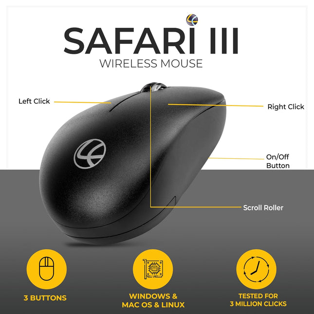 LAPCARE Safari III B Wireless Mouse-2.4GHz High Precision with Upto 1600 DPI, Nano Receiver and Plug & Play Usage -USB/Black-with 3 Year Warranty