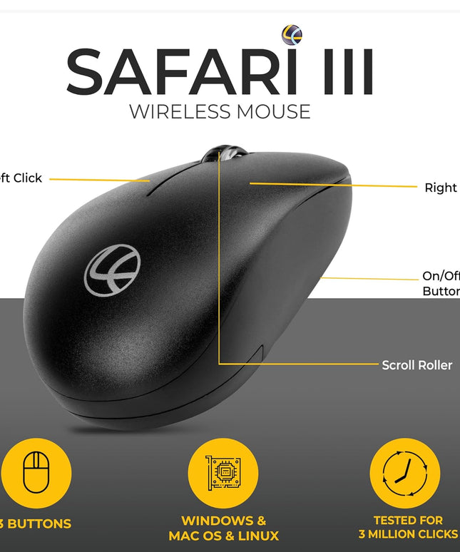 LAPCARE Safari III B Wireless Mouse-2.4GHz High Precision with Upto 1600 DPI, Nano Receiver and Plug & Play Usage -USB/Black-with 3 Year Warranty