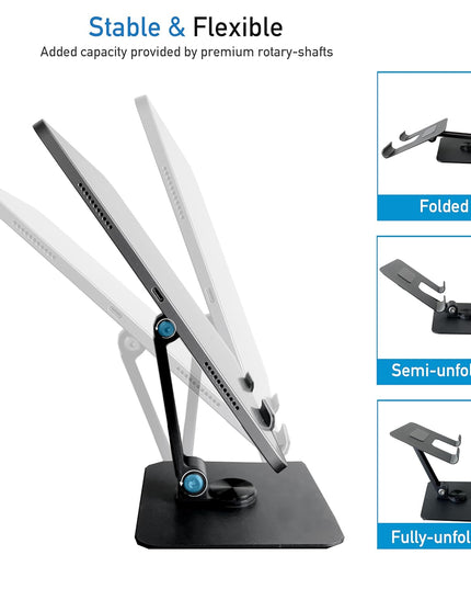HC 360 Degree Rotating Adjustable Metal Tablet Stand, Foldable Desk Mount Holder for Upto 12 Inch iPads & Tabs