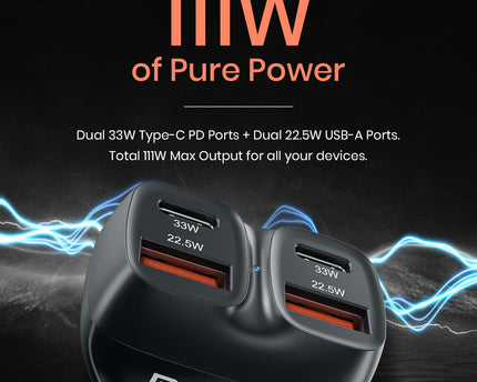 Portronics Car Power Quard 111W Car Charger, 4 Ports Fast Car Charger, Dual 33W Type-C PD
