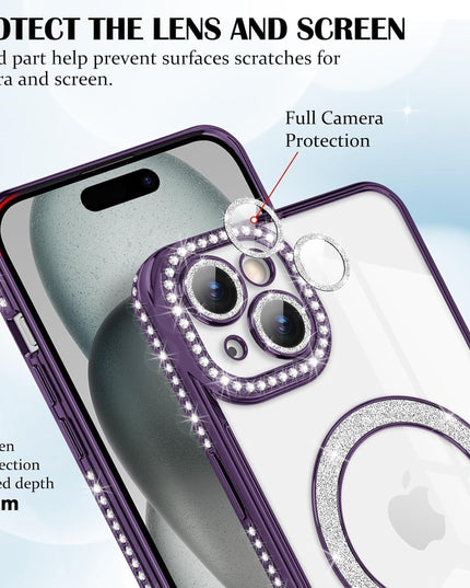 Case Compatible with iPhone Cute Soft Clear Rhinestone Diamond Glitter Cover Women & Girls Compatible with MagSaf Camera Lens Protection