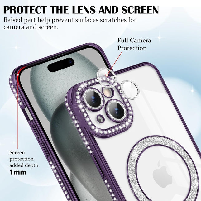 Case Compatible with iPhone Cute Soft Clear Rhinestone Diamond Glitter Cover Women & Girls Compatible with MagSaf Camera Lens Protection