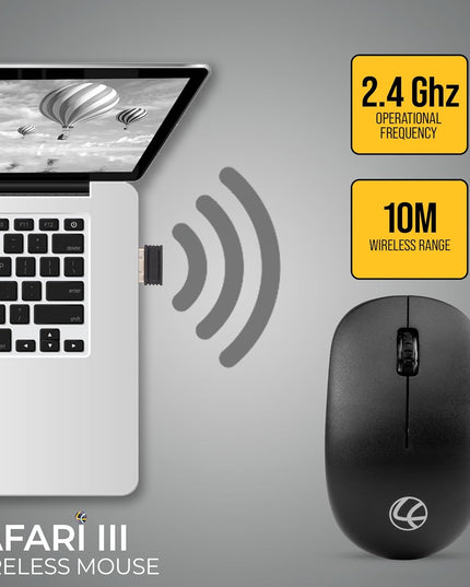 LAPCARE Safari III B Wireless Mouse-2.4GHz High Precision with Upto 1600 DPI, Nano Receiver and Plug & Play Usage -USB/Black-with 3 Year Warranty