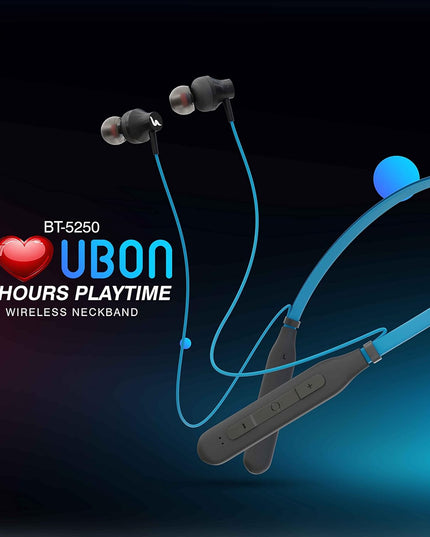 UBON BT-5250 Bluetooth Earphone with Mic, Bass Factory 2.0, in-Ear Wireless Neckband with Upto 16 Hours Playtime, Magnetic Earbuds, Fast Charging, v5.0 Bluetooth Headset (Blue)