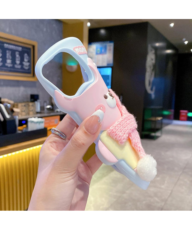 Pink 3D Cute Bear with Scarf Phone Case | Soft Silicone Protective Cover, Shockproof & Flexible, Kawaii Design for Girls & Women (iPhone 13)