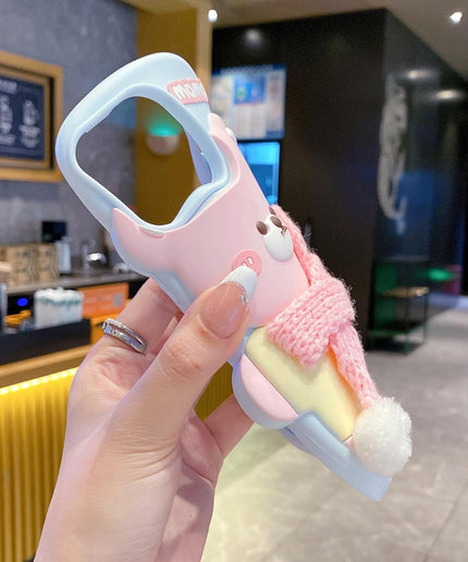 Pink 3D Cute Bear with Scarf Phone Case | Soft Silicone Protective Cover, Shockproof & Flexible, Kawaii Design for Girls & Women (iPhone 15)
