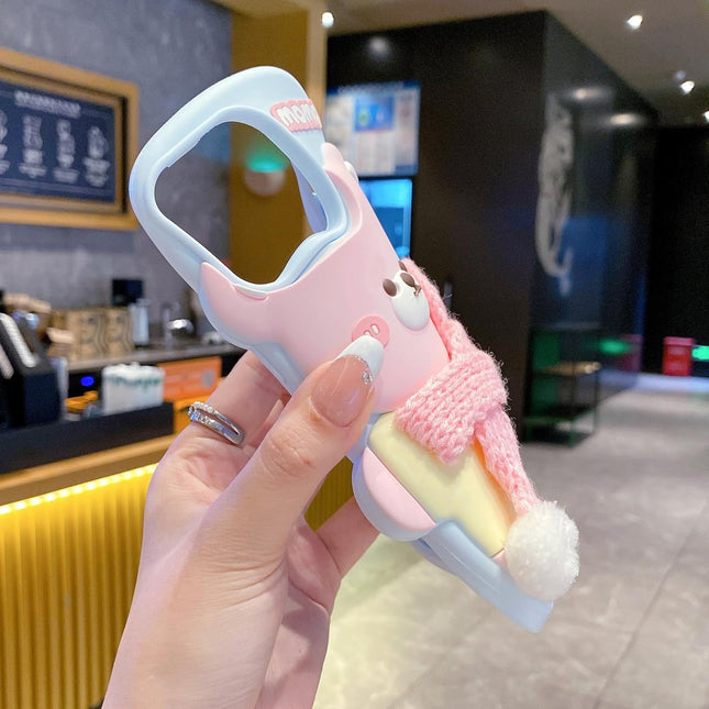 Pink 3D Cute Bear with Scarf Phone Case | Soft Silicone Protective Cover, Shockproof & Flexible, Kawaii Design for Girls & Women (iPhone 15)