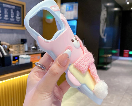 Pink 3D Cute Bear with Scarf Phone Case | Soft Silicone Protective Cover, Shockproof & Flexible, Kawaii Design for Girls & Women (iPhone 14)