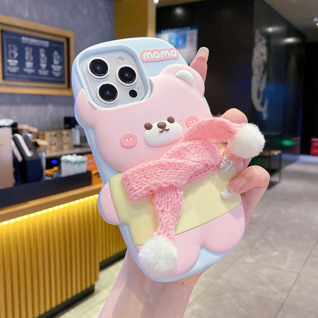 Pink 3D Cute Bear with Scarf Phone Case | Soft Silicone Protective Cover, Shockproof & Flexible, Kawaii Design for Girls & Women (iPhone 14)