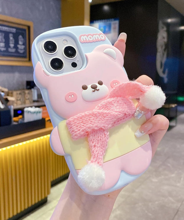 Pink 3D Cute Bear with Scarf Phone Case | Soft Silicone Protective Cover, Shockproof & Flexible, Kawaii Design for Girls & Women (iPhone 14)