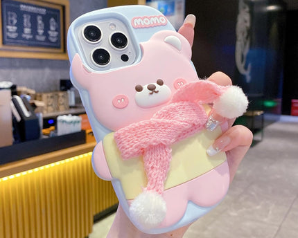 Pink 3D Cute Bear with Scarf Phone Case | Soft Silicone Protective Cover, Shockproof & Flexible, Kawaii Design for Girls & Women (iPhone 15)