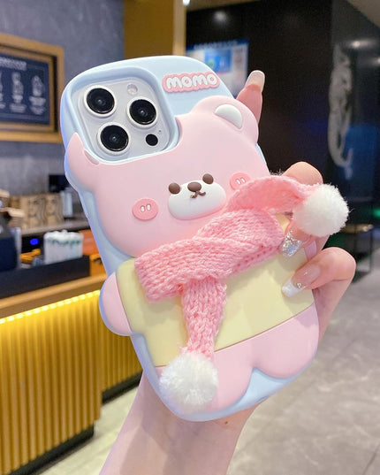 Pink 3D Cute Bear with Scarf Phone Case | Soft Silicone Protective Cover, Shockproof & Flexible, Kawaii Design for Girls & Women (iPhone 15)