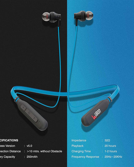 UBON BT-5250 Bluetooth Earphone with Mic, Bass Factory 2.0, in-Ear Wireless Neckband with Upto 16 Hours Playtime, Magnetic Earbuds, Fast Charging, v5.0 Bluetooth Headset (Blue)