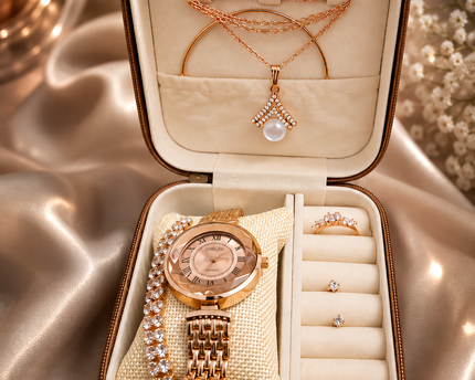 Women’s Rose Gold Watch & Jewelry Gift Set – Necklace, Bracelet & Rings
