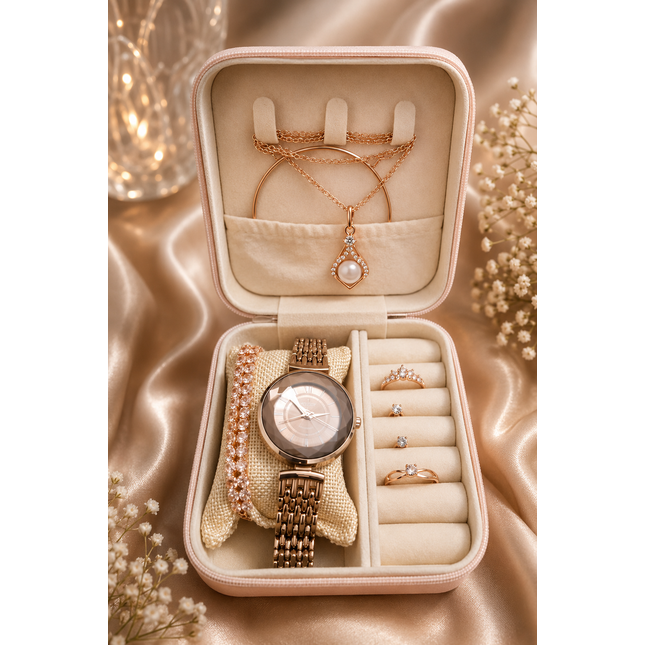 Women’s Rose Gold Watch & Jewelry Gift Set – Necklace, Bracelet & Rings
