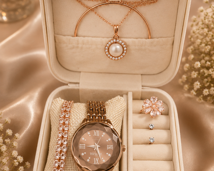 Women’s Rose Gold Watch & Jewelry Gift Set – Necklace, Bracelet & Rings