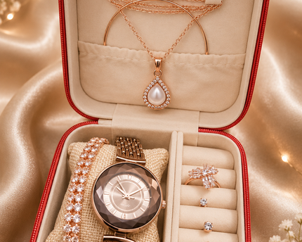 Women’s Rose Gold Watch & Jewelry Gift Set – Necklace, Bracelet & Rings
