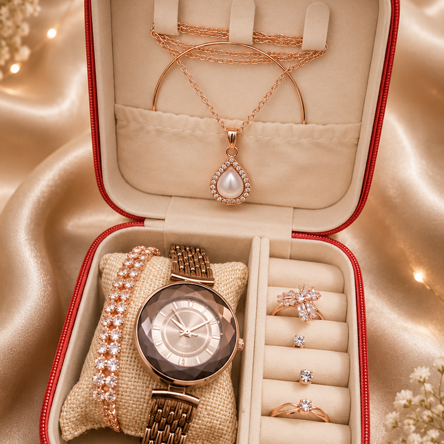 Women’s Rose Gold Watch & Jewelry Gift Set – Necklace, Bracelet & Rings