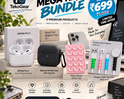 TekoGear Mega Tech Bundle – 4 Premium Accessories Combo | AirPods Pro 2 + Silicone Case + Phone Grip + Cable Protectors
