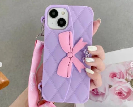 Case Creation Trendy Premium Fancy Cute Barbie Bow Case For iPhone Handbag Purse Case With Strap,Wallet Phone Chain Cover | Fashion iPhone