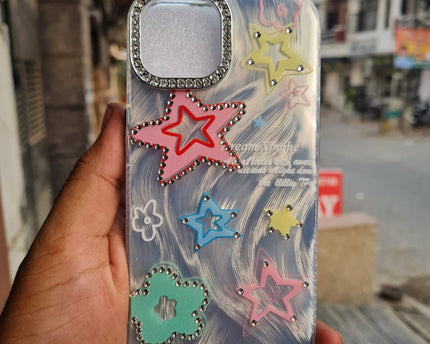 Sparkly Star Phone Case Compatible with iPhone, Cute Korean Bling Glitter Stars Case for Women Girls + Colorful Heart Rhinestone Sticker