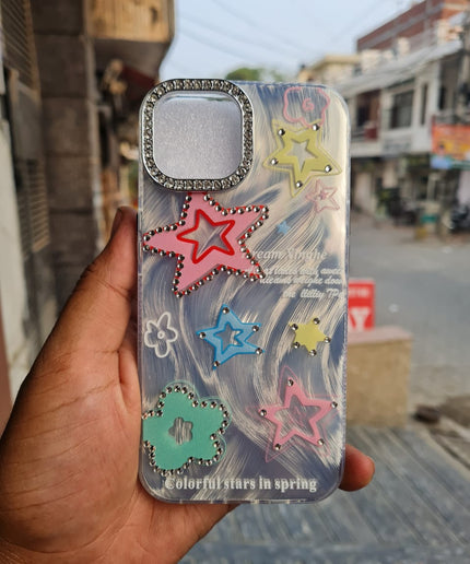 Sparkly Star Phone Case Compatible with iPhone, Cute Korean Bling Glitter Stars Case for Women Girls + Colorful Heart Rhinestone Sticker