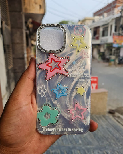 Sparkly Star Phone Case Compatible with iPhone, Cute Korean Bling Glitter Stars Case for Women Girls + Colorful Heart Rhinestone Sticker