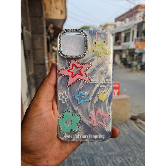 Sparkly Star Phone Case Compatible with iPhone, Cute Korean Bling Glitter Stars Case for Women Girls + Colorful Heart Rhinestone Sticker
