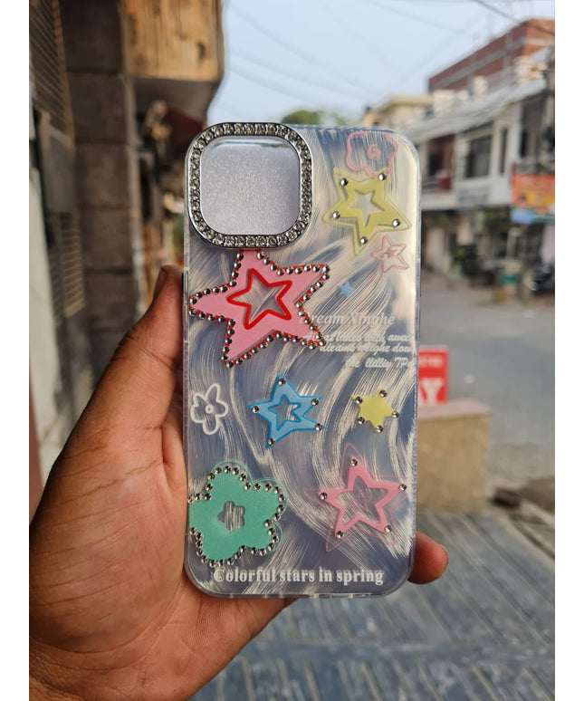 Sparkly Star Phone Case Compatible with iPhone, Cute Korean Bling Glitter Stars Case for Women Girls + Colorful Heart Rhinestone Sticker