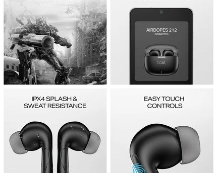 boAt Airdopes 212,Translucent Lid, 50H Battery,ENx Tech, App Support Bluetooth Headset (Noir Black, In the Ear)